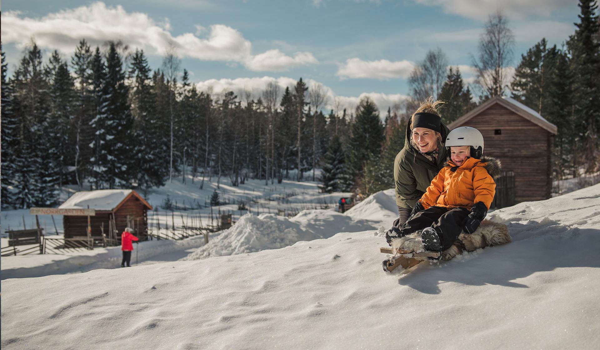 Fotografi av en vuxen person och ett barn i en pulkabacke på Norra Berget. Barnet sitter på en släde och har hjälm på sig och den vuxna personen sitter bredvid.